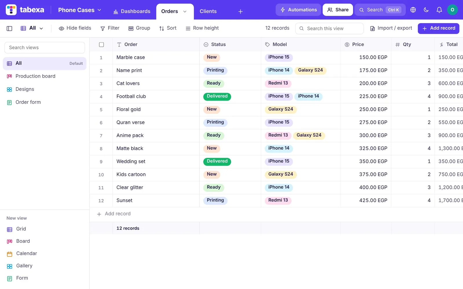 Tabexa: a table of orders with statuses, models, prices and pictures